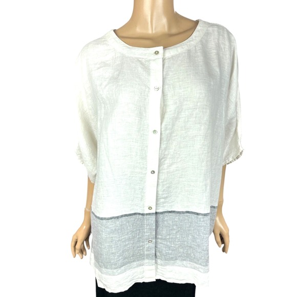 Tahari Tops - Tahari Size L White/Gray 100% Linen Blouse Button-Up Boxy Lagenlook Oversized